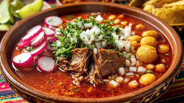 Traditional mexican pozole rojo soup in a rustic clay bowl with garnishes, 4k video