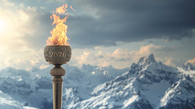 Elegant ceremonial torch with flame and engraved 2026 standing against snowy mountain peaks, symbol of winter games, strength and victory, inspirational alpine landscape with dramatic cloudy sky