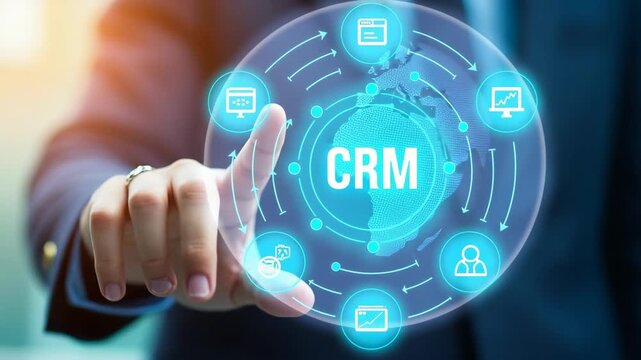 CRM System for Customer Relationship Management. A person interacts with CRM interface icons for support, analytics, marketing, and feedback, illustrating customer relationship man.
