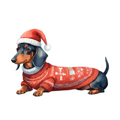 Dachshund dog in New Year's clothes, Christmas tree with toys, gifts with bows, in watercolor style, for packaging, cards and graphic design. Vector.