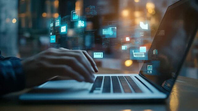 Data processing and media icon interaction with a laptop in a modern workspace, media icons and data processing over diverse colleagues using laptop in office - Powered by Adobe