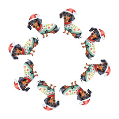 Christmas frame with dachshund, round frame with image of dog in Christmas clothes in Santa Claus hat. Vector, isolated on white background.

