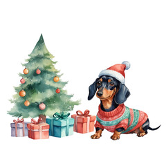Dachshund dog in New Year's clothes, Christmas tree with toys, gifts with bows, in watercolor style, for packaging, cards and graphic design. Vector.