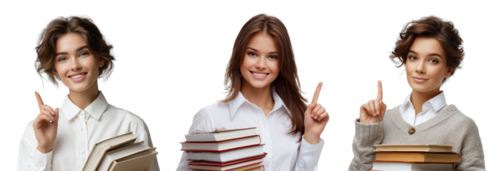 Young women in white shirts hold stacks of books while pointing upwards on a transparent background
