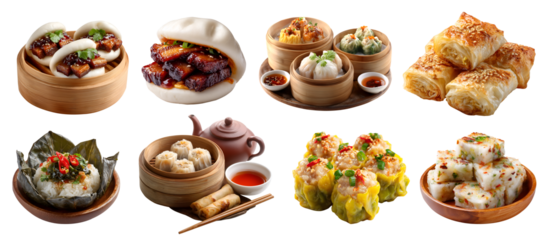 Set of traditional Dim sum yum cha, small asian Chinese dishes cuisine, with tea, steamer basket, dumplings, buns, pastries on transparent cutout PNG. Many different variety. Mockup template