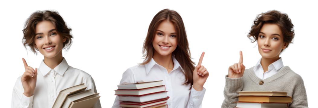 Young women in white shirts hold stacks of books while pointing upwards on a transparent background
