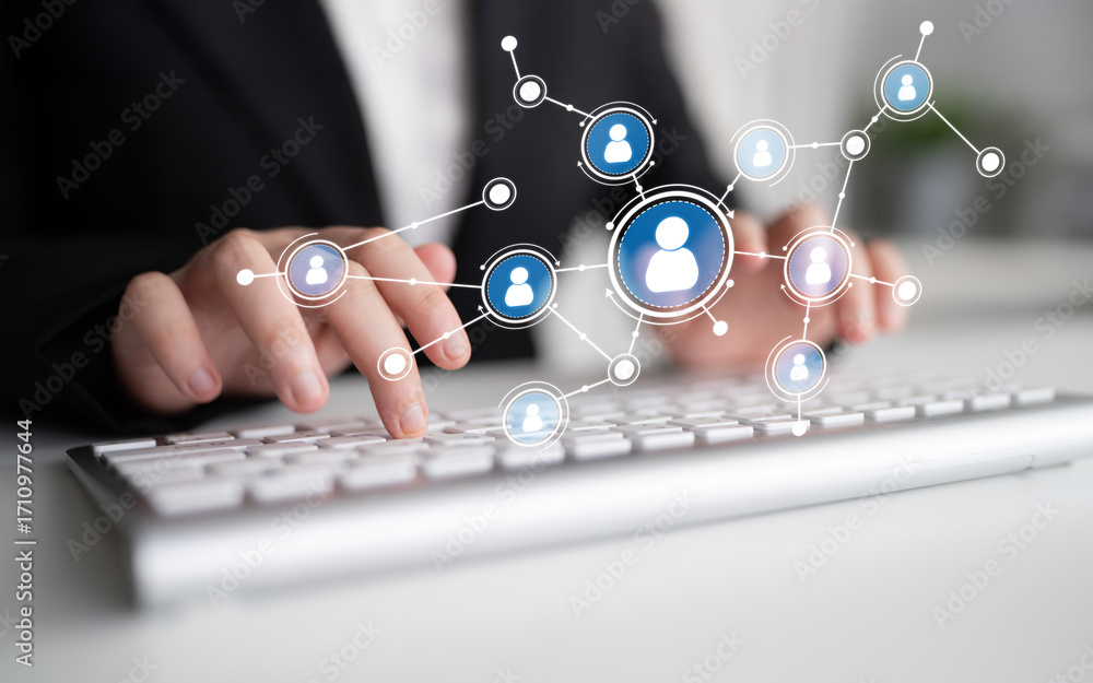 Poster this image illustrates a professional digital networking concept, featuring a keyboard and interconn