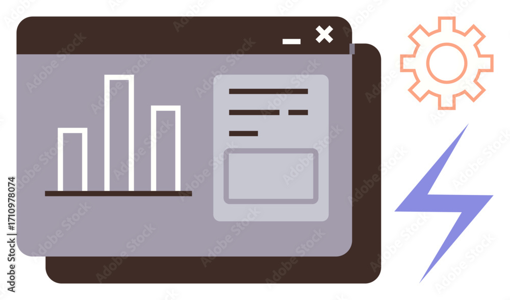 Poster bar graph on web interface with settings gear and lightning bolt. ideal for technology, analytics, d