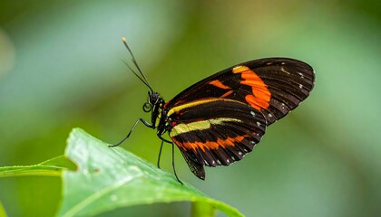 A vibrant butterfly, showcasing black wings with bold orange and yellow stripes, rests delicately on a green leaf, with a blurred background