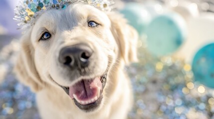 Happy golden retriever celebrating with balloons and confetti at a party