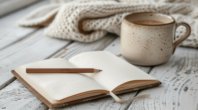 "A speckled ceramic mug brimming with dark coffee rests beside an open book on a rustic white wooden table, creating a cozy and inviting scene perfect for quiet reflection or morning study."