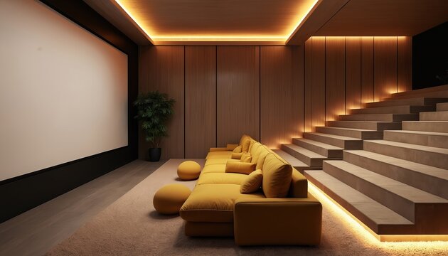 Modern home theater with sunken yellow sofa, tiered seating, large projection screen, and warm ambient lighting. Cozy room for movie nights or private cinema experiences.