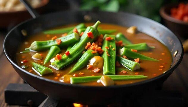 Traditional okra stew simmering gently with garlic and chili flakes on wooden stove 