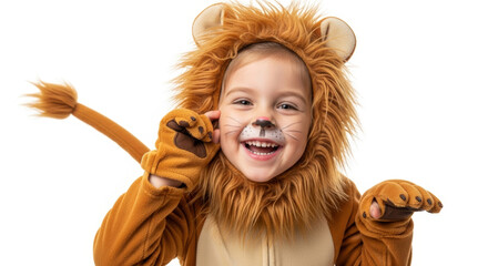 Adorable little girl dressed as a lion grinning with joy in a cute costume with a fluffy mane