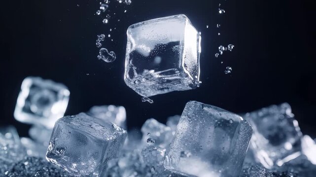 Alcohol pours over ice cubes, creating a refreshing effect in a dark setting, alcohol pours on ice cubes against a dark background, 3D simulation