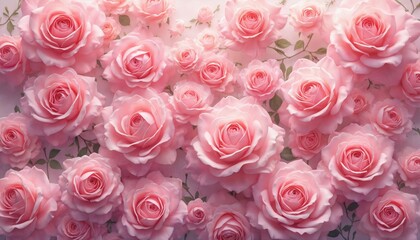 Naklejka premium Floral backdrop of pink roses. Romantic flower pattern for card invitation. Beautiful pastel rose background. Lovely elegant design for women holiday greetings wedding templates. Feminine blooms