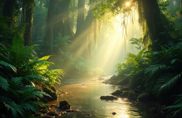 Sunlight streams into a forest with green ferns trees water and moss. Lush foliage frames a calm river. Natural beauty in scenic place. Light rays filter through thick canopy.