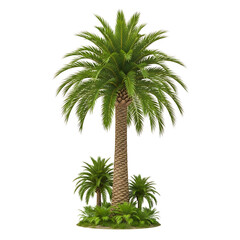 Obraz premium A tall palm tree with smaller palm trees and lush greenery isolated on transparent background