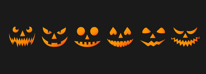 Set of spooky pumpkin smiles in orange on black background. Horror and scary faces. Design for holiday Halloween