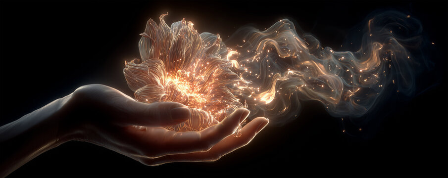 A semi-transparent hand delicately lets go of a cascade of shimmering ribbons of light, accompanied by warm, golden petals that dance through a mystical, enchanting scene filled with wonder