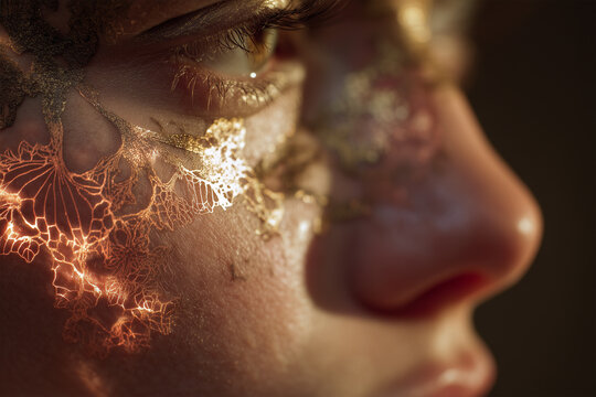 A captivating and detailed perspective of a translucent cheekbone reveals its stunning fractal veins, which form delicate, lace-like patterns that dance in the gentle illumination of soft light. This 