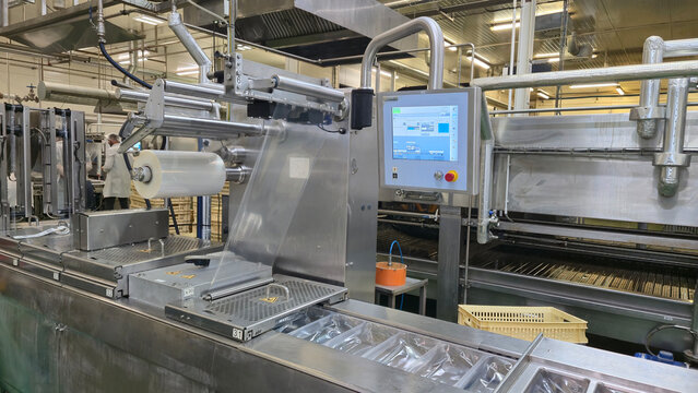 Vacuum termoforming packaging line in food factory 