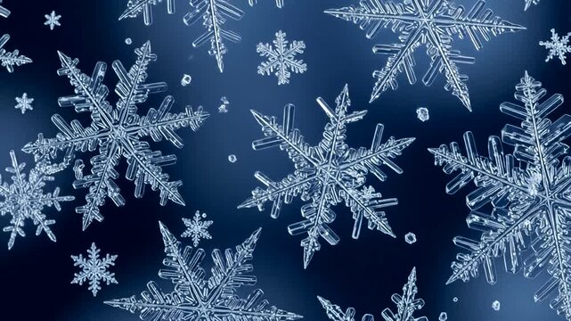 Detailed close-up view of intricate snowflake patterns against a dark blue backdrop.