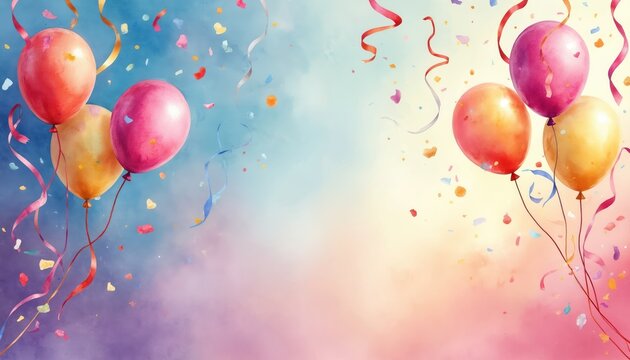Festive watercolor illustration with balloons, confetti, and ribbons floating against a gradient sky. Background features soft blue, pink, and yellow colors suitable for celebration themes.