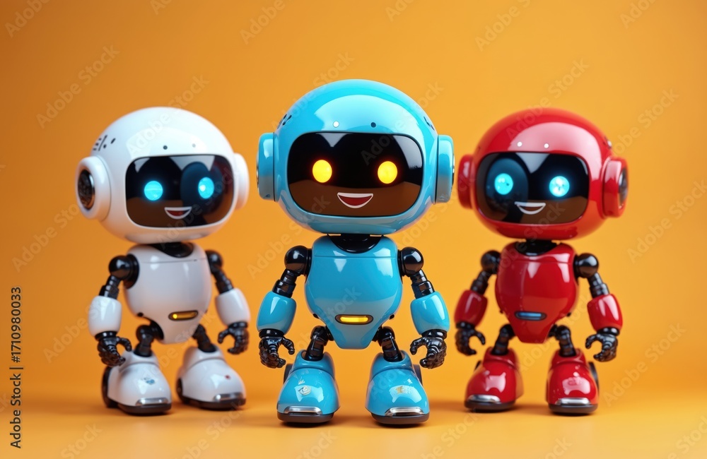 Poster three toy robots stand together on orange background. white blue, red bots smiling faces. robotics c