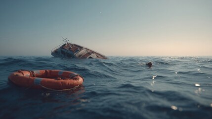 Fototapeta premium An ocean view featuring a capsized boat partially submerged in the water with a solitary lifejacket floating nearby and a flare gun resting on the deck symbolizing the desperate measures
