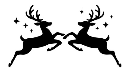 Fototapeta premium Two black silhouette reindeer leaping with stars scattered around them on a white plain background scene