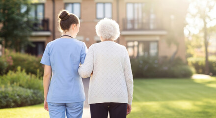 Loving caregiver gently assists senior woman enjoying an afternoon stroll outdoors in a sunny assisted living community