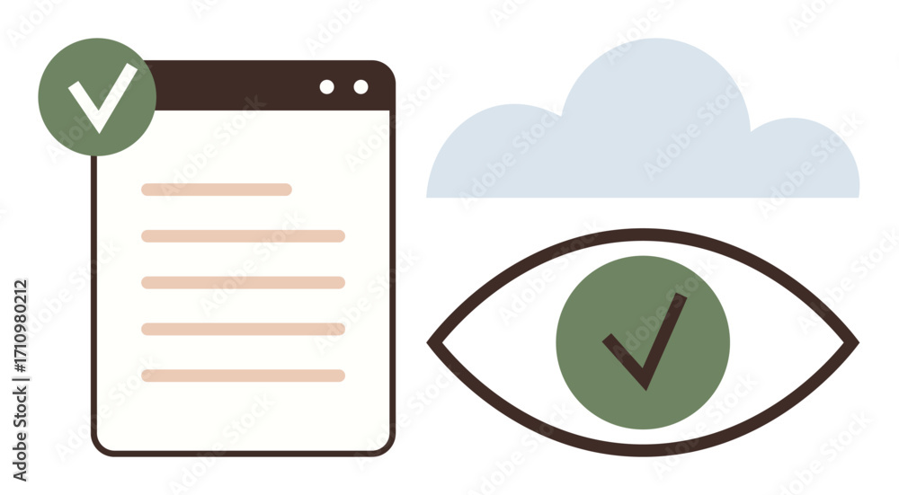 Poster browser tab with approved checklist, eye symbol with checkmark, soft cloud element. ideal for approv