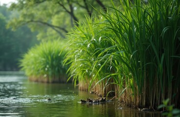 Green reeds grow at lakeside in summer. Rich thicket of grass grows near water. Fresh stems bent over pond edge on sunny day. Nature, eco, botany themes.