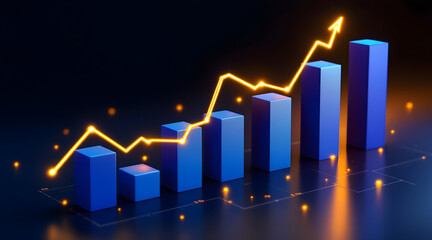 Upward trending bar chart with glowing line graph