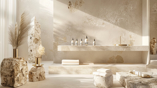 A minimalist art display features textured white stone steps adorned with golden accents, surrounded by a subtle shower of golden leaves and delicate shadows, creating an elegant, luxurious, and seren