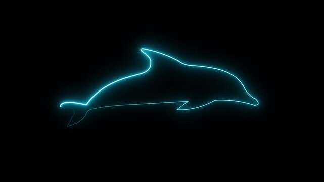 Glowing neon dolphin stickers with alpha channel transparency. Linear neon animation of blue shark with dynamic smoke on black background. Motion graphic, 4K video
