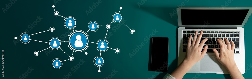 Poster this image showcases a laptop with hands typing, surrounded by user icons, symbolizing digital conne