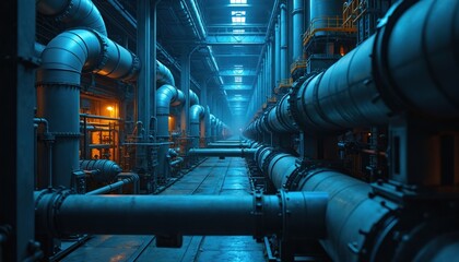 Industrial interior with blue pipes stretching into distance. Hallway in factory. Plant piping system. Pipes in blue tones convey sense of scale. Powerful tech infrastructure facility or water plant.