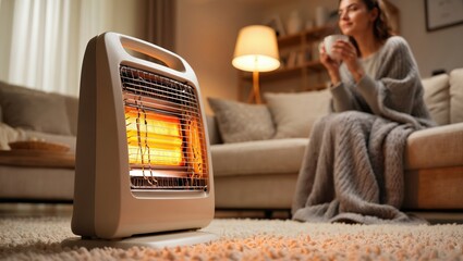 Cozy living room with electric heater warming up the space and woman sitting on sofa covered with blanket drinking hot beverage in a relaxed winter atmosphere.