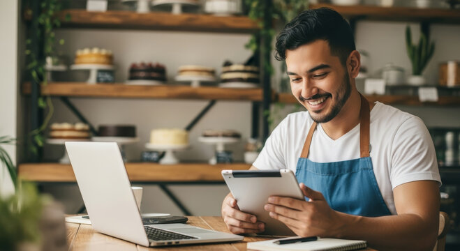 Smiling baker manages orders on his tablet in front of delicious cakes in his modern bakery shop