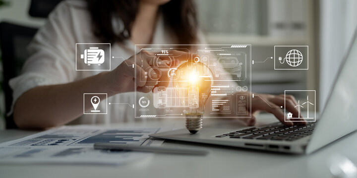 Smart interface showing electric vehicle performance, battery system, power control, charging status, and integration with renewable and grid-based energy sources Latch