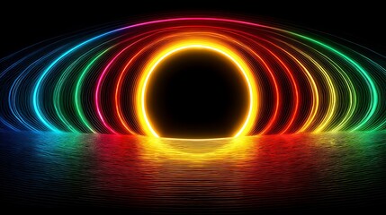 Radiant rainbow neon circles forming futuristic energy field high resolution wallpaper