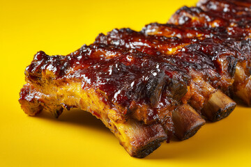Grilled delicious barbecue ribs with crispy crust close up detail against vibrant yellow background.