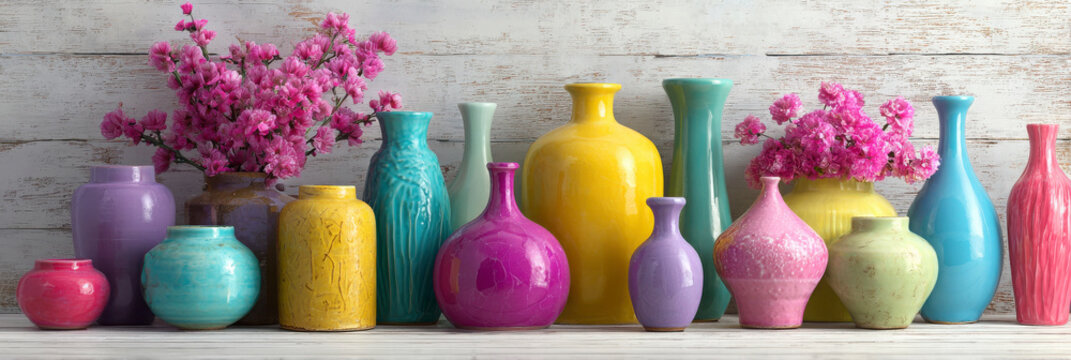 Colorful ceramic vases and jars with pink flowers on a shelf