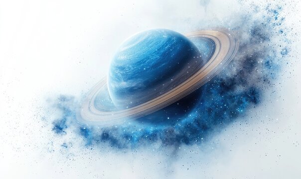A vibrant blue planet with a golden ring, surrounded by a nebula of cosmic dust