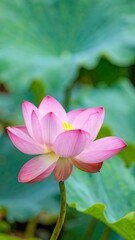 Obraz premium Delicate pink lotus flower blooms amidst lush green leaves