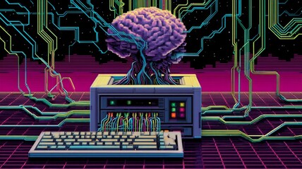Surreal illustration of a computer with a brain growing from it, surrounded by colorful circuit patterns, representing the fusion of technology and human intelligence in a vibrant digital landscape