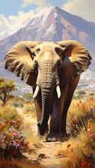 Fototapeta premium Majestic elephant strolls along a sun-drenched path, framed by a breathtaking mountain backdrop.