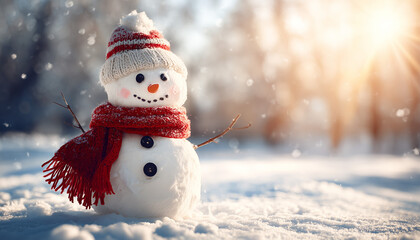 Happy smiling snowman with red scarf and hat against sunny snowy landscape background. Christmas wallpaper with copy space.